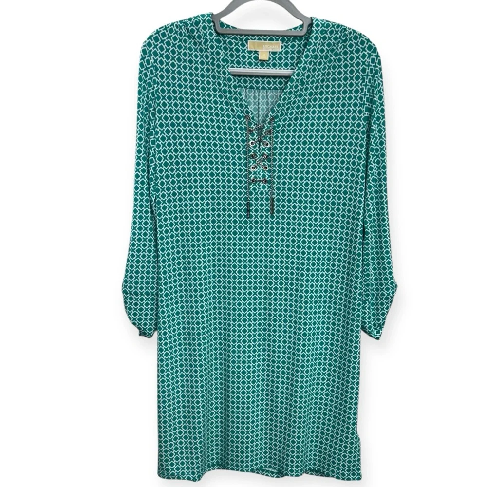 Michael‎ Kors Women’s Teal Geometric Long Sleeve Dress Size M *235